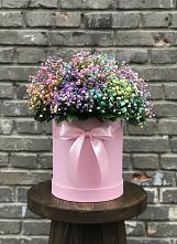 Цветочная композиция из Гипсофила и Розы в шляпной коробке в Новоивановской