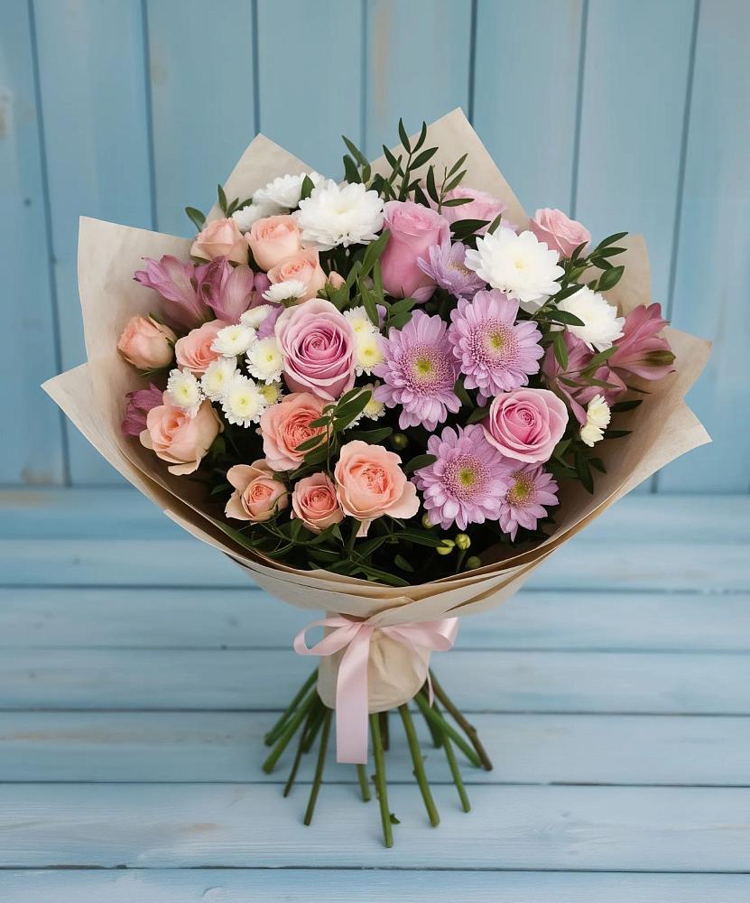Букет цветов из: Хризантемы, Розы и Альстромерии в Новоивановской