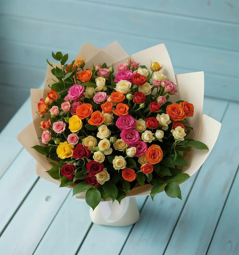Букет Микс из разноцветных кустовых роз в Новоивановской
