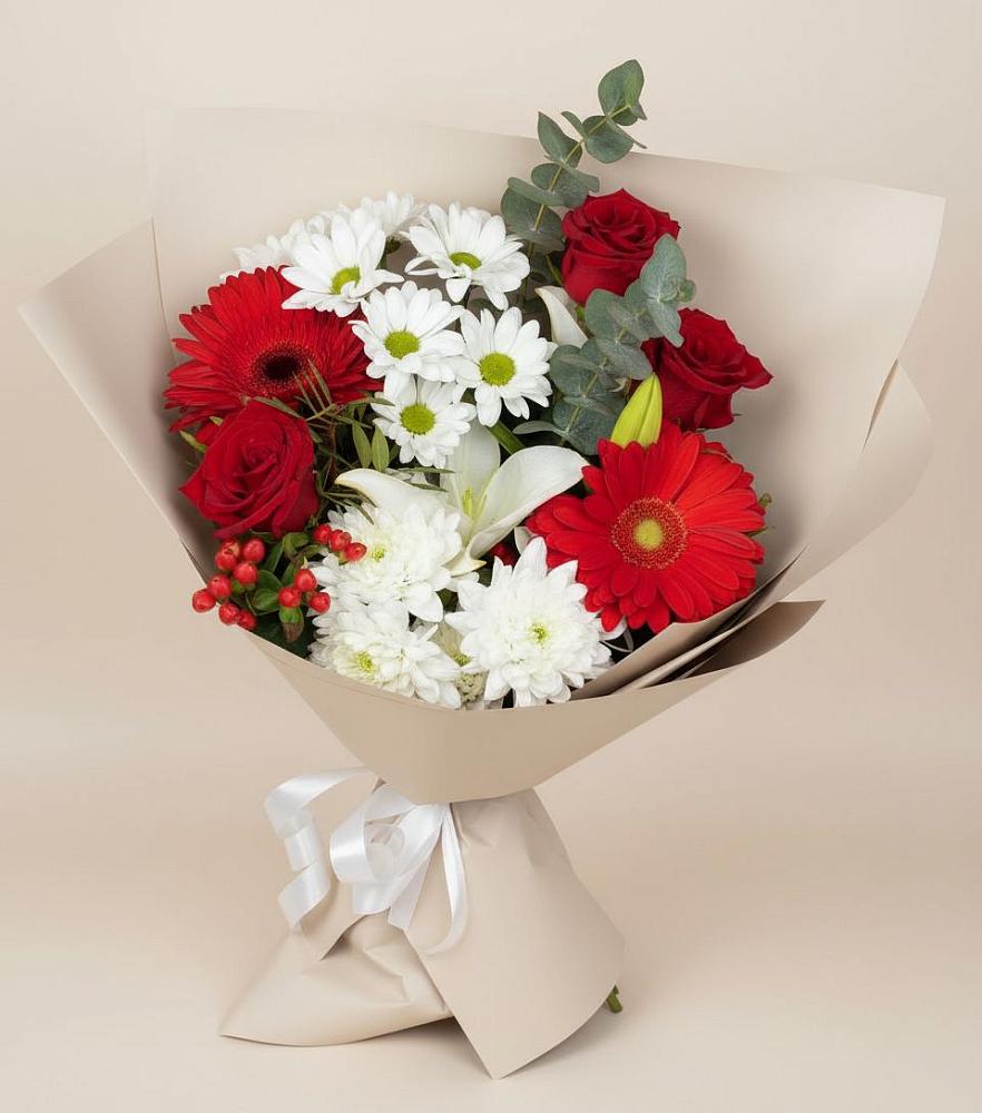 Букет цветов из: Розы, Хризантемы, Герберы и Лилии в Новоивановской