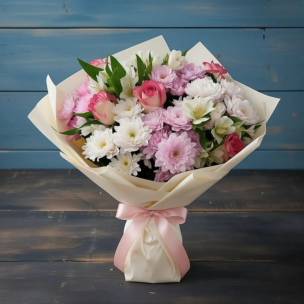 Букет цветов из: Хризантемы, Альстромерии и Розы в Новоивановской